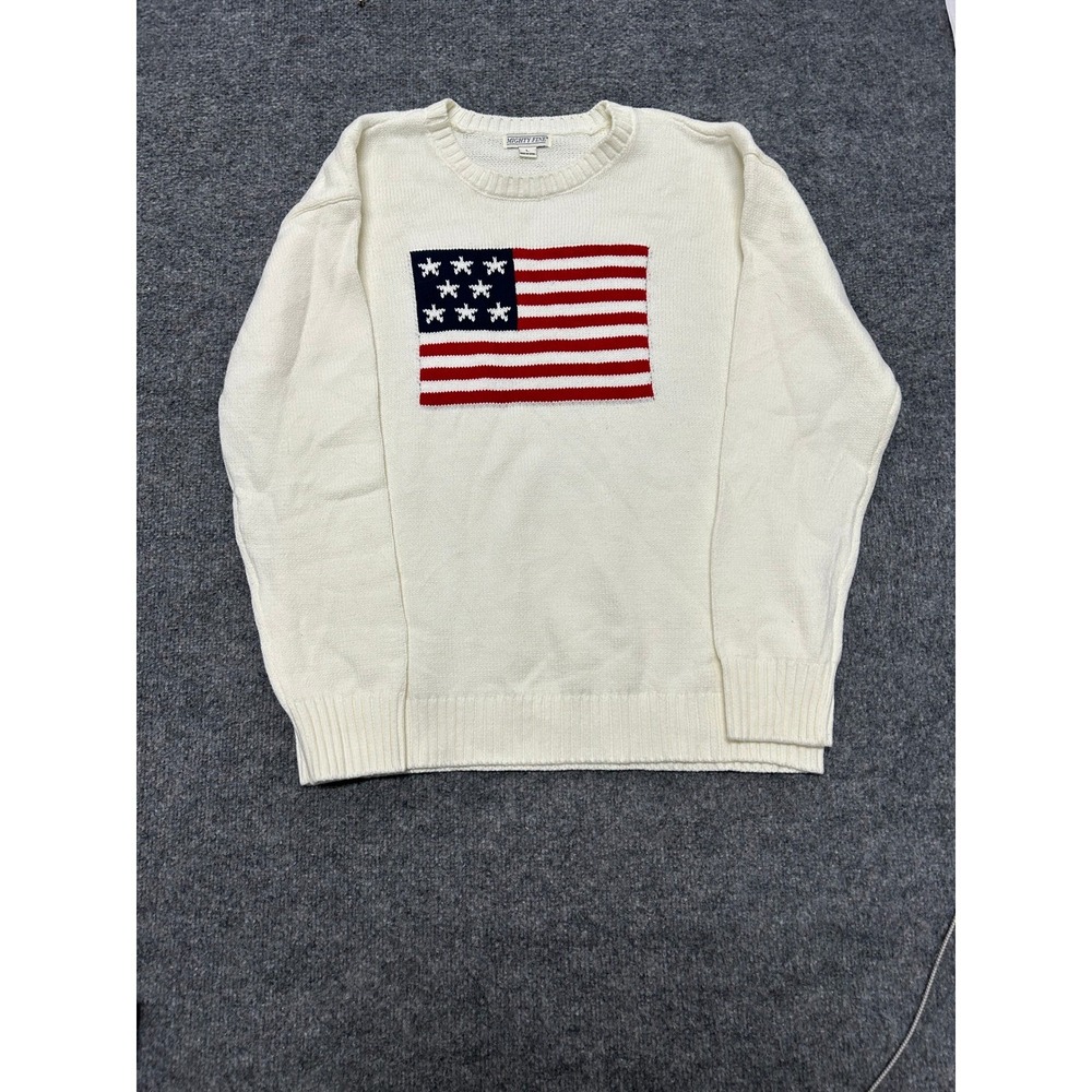 Mighty Fine Sweater Womens Size L Cream American Flag Knit Patriotic Crewneck